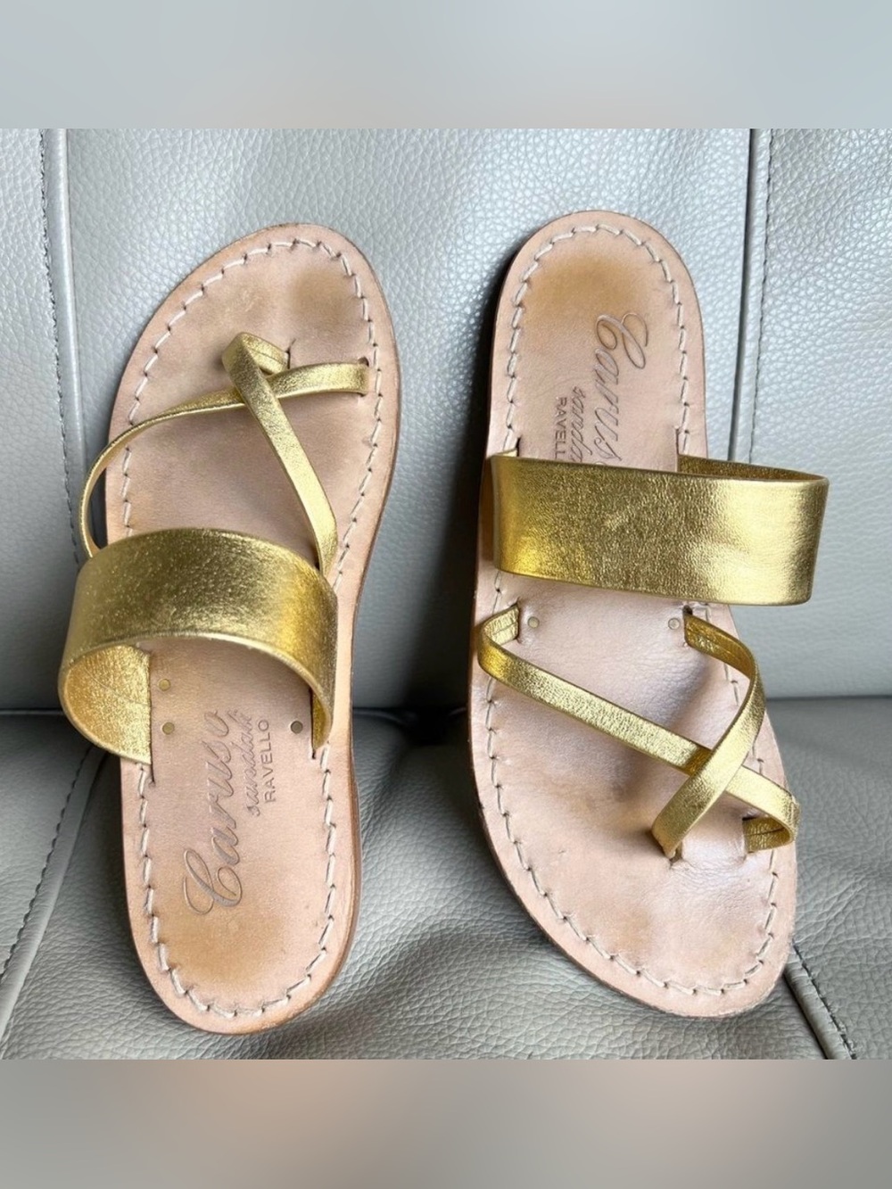 Caruso Sandali Ravello Italian Sandals Girls Sz 33 2 Gold Double Strap Flip Flop